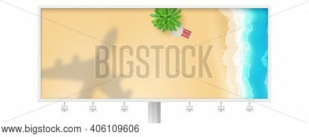 Shadow Of Plane Under Tropical Beach. Landscape On Billboard With Palms And Seashore. Top-down View.