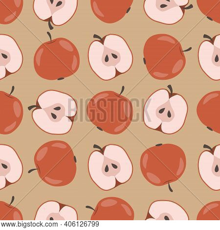 Apple Seamless Pattern. Red Apples, Halfs Apple And Apple Seeds On Beige Background. Hand-drawing De