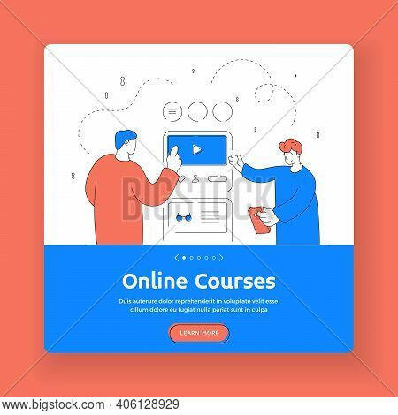Online Cources Square Banner Template. Flat Line Vector Illustration