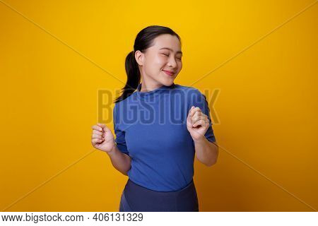 Asian Woman Happy Surprised Isolated On Background.