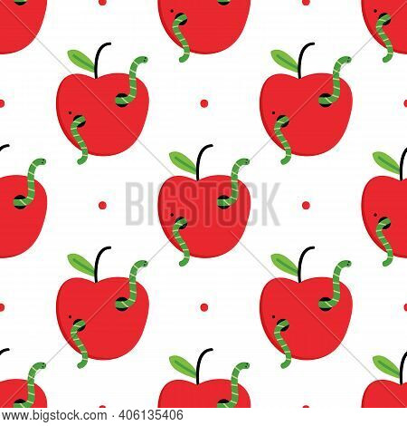 Fresh Red Apples With Worms Inside And Dots Vector Seamless Pattern Background.