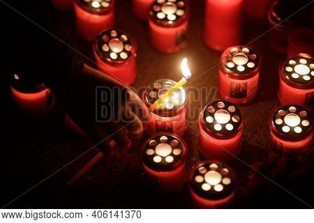 Bucharest, Romania - January 29, 2021: Details With Burning Candles Laid By People On The Site Of Ma