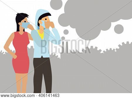 Couple Wearing Face Mask Because Of Air Pollution In The City. Air Pollution Concept. Flat Cartoon C