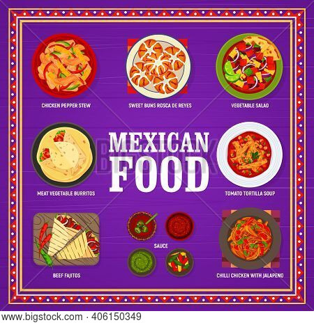Mexican Food Vector Chicken Pepper Stew, Sweet Buns Rosca De Reyes. Vegetable Salad, Meat Vegetable 