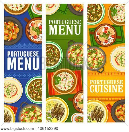 Portuguese Cuisine Restaurant Menu Dishes Banners. Pork Tenderloin, Bacalhau A Bras Cod Fish, Sausag