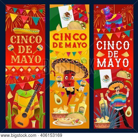 Cinco De Mayo Vector Banners. Cartoon Mariachi Musician With Trumpet, Jalapeno Chili Pepper In Sombr