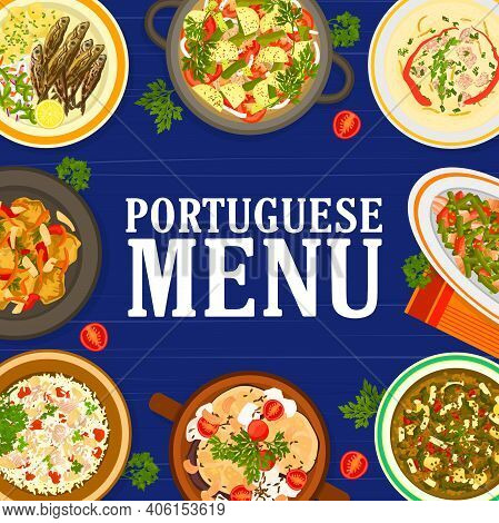 Portuguese Cuisine Food Menu Meals And Dishes. Pork Tenderloin, Paella Mariscada And Grilled Sardine