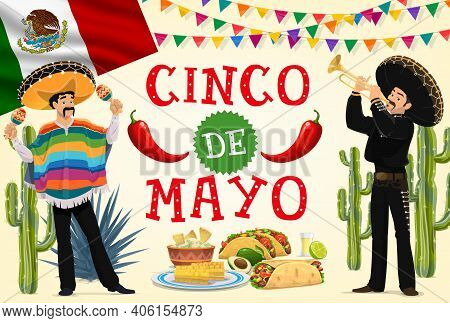 Cinco De Mayo Fiesta Mariachi And Mexican Food Vector Design. Cartoon Musicians With Sombrero Hats, 