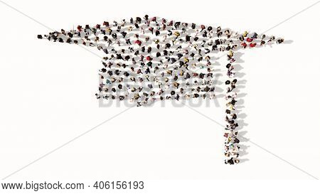 Concept conceptual large gathering of people forming the image of the traditional graduate cap on white background. A 3d illustration metaphor for academic achievement, succes and a future professiona