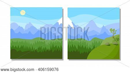 Mountaineering And Traveling Vector Flat  Illustration. Landscape With Mountain Peaks. Extreme Sport