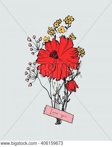Floral Bright Greeting Card Design For  Happy Valentine\\\'s Day Or 8 March. Vector Flower Bouquet W