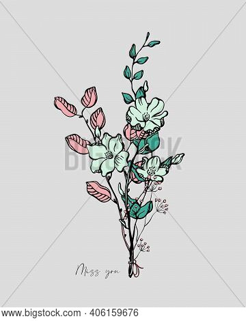 Floral Arrangements With Short Phrase - Miss You. Valentine Greeting Card Design. Vector Flower Bouq