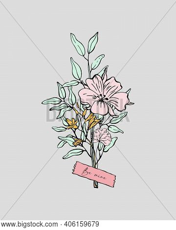 Floral Greeting Card Design For  Happy Valentine\'s Day Or 8 March. Vector Flower Bouquet With Short