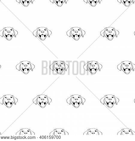 Happy Labrador Poppy Face Seamless Pattern In Line Drawing Style. Vector Background With Happy Dog I