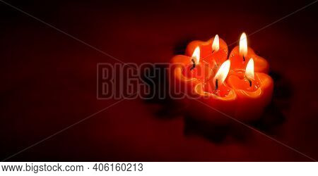 Heart Shaped Red Burning Candles In The Dark. Banner For Valentines Day.