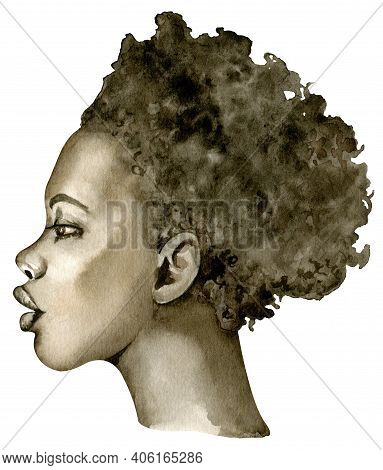 Watercolor Portrait Of An African American Woman With Short Hair Isolated On The White Background. B