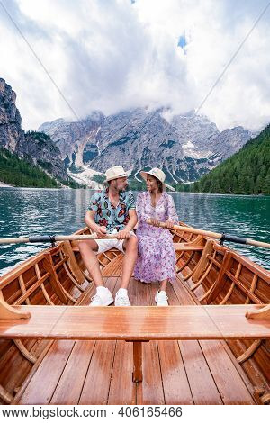 Beautiful Lake In The Italian Alps, Lago Di Braies In The Italian Dolomites Europe. Braies Lake, Ita