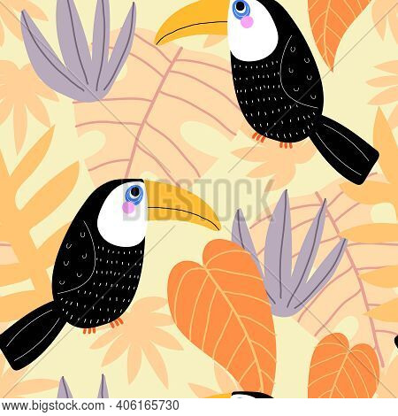 Summer Seamless Pattern With Cartoon Toucans, Tropical Leaves, Decor Elements. Colorful Vector, Flat