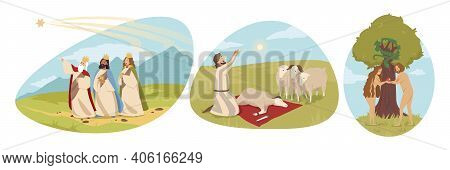 Religion, Christianity, Bible Set Concept. Religious Biblical Series Of Adam And Eve In Eden Garden 