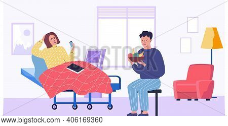 Girl Lies In Bed In Hospital. Guy Gives Woman Fruit For Immunity In Medical Room Vector Illustration
