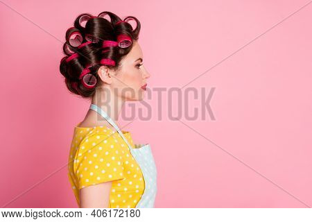 Profile Side Photo Of Attractive Girl Look Copyspace Wear Retro Outfit Hair Rollers Isolated Over Pi