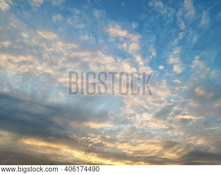 Beautiful Sky With Clouds At Sunset. Panoranic Sunset Sky With Colorful Clouds