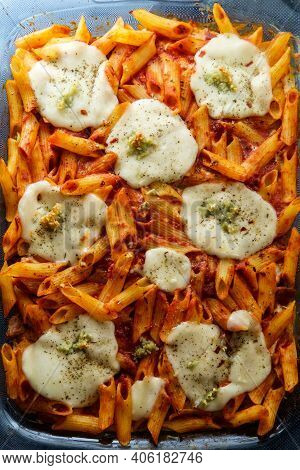 Baked Ziti Penne Pasta Casserole Dinner Topped With Fresh Mozzarella And Italian Seasoning