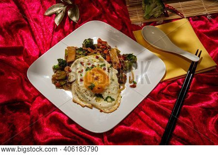 Canned Chinese Food Chop Suey With Fried Sunny Side Up Egg