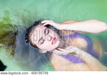 Wet Model Takes A Shower And Swims In Clothes, Wet Clothing, Wet Look Womens, Sauna And Swimming Poo
