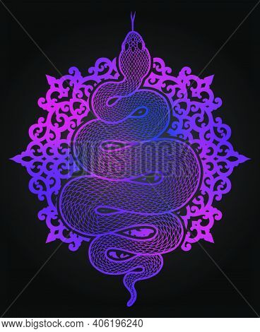 Coiled Snake Over Floral Mandala Detailed Illustration. Colorful Purple And Blue Tribal Serpent Isol