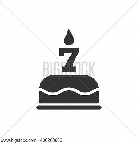Happy Seventh Birthday Icon. Cake With A Candle In The Form Of The Number 7. Vector Symbol Eps 10