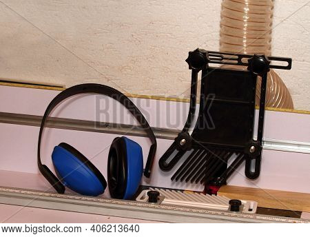 Milling Cutter And Headphones At The Workshop.  Details From Carpenter Workshop, Sawdust  Extractor 