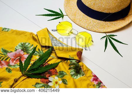 Yellow Sun Glasses, Hat, Marijuana Leaves, Yellow Shirt - Assembled In The Form Of A Portrait Of A M
