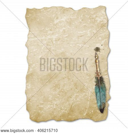 Vintage Style Fountain Feathers Pen With Sheet Of Old Aged Yellow Brown Faded Paper Isolated On Whit