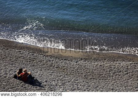 Camogli (ge), Italy - June 01, 2017: Tourist In Camogli's Beach In The Fishing Village Of Camogli, G
