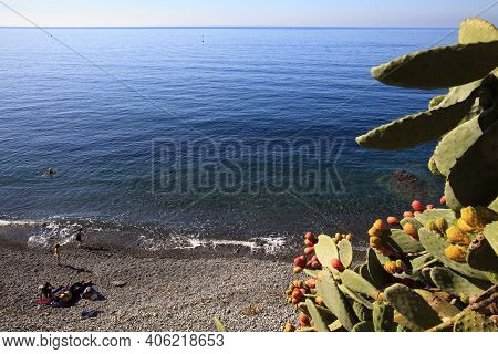 Camogli (ge), Italy - June 01, 2017: Camogli's Beach In The Fishing Village Of Camogli, Gulf Of Para