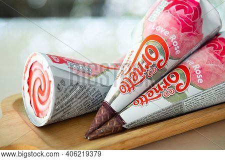 Samut Prakan, Thailand - February 2, 2021 : The New Cornetto Love Rose Comes With The Shape Of A Bea
