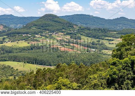 Forest Over Mountain, Valley And Farm Plantation