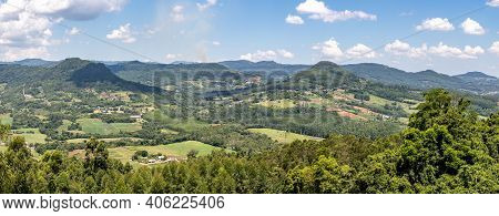 Panorama With Mountains, Forest And Farms, Linha Nova Village, Rio Grande Do Sul, Brazil