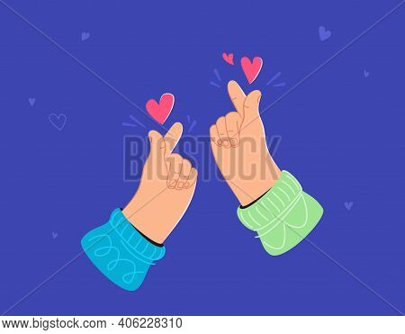 Two Human Hands Showing Korean Love Heart Sign By Fingers. Flat Vector Illustration For Valentines D