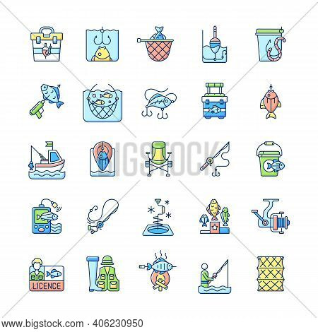 Fishing Equipment Rgb Color Icons Set. Fishing Lounger Chair. Cooking Freshly Caught Fish. Hobby And