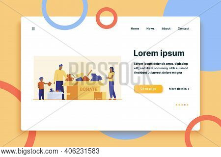 Family Packing Donation Box. Clothes And Toys For Needy People Flat Vector Illustration. Volunteerin