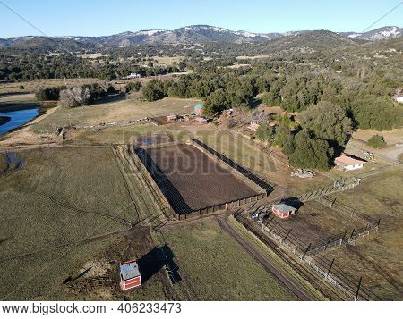 Aerial View Of Valley With Small Farm In Julian, San Diego County, California, In The United States