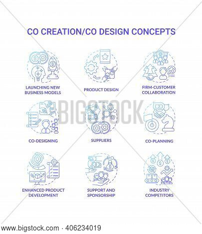 Co-creation Concept Icons Set. Co-design Idea Thin Line Rgb Color Illustrations. Launching New Busin