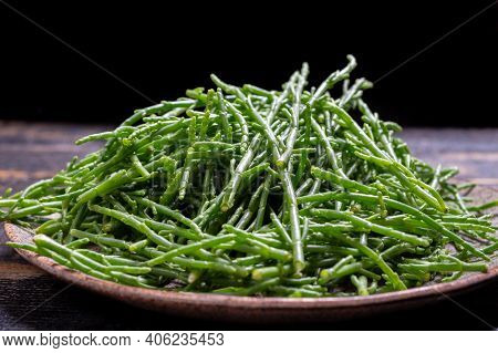 Tasty Vegetarian Sea Food, Fresh Raw Green Salicornia Or Glasswort, Pickleweed Close Up
