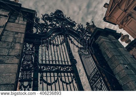 Huge Iron Gate And Entrance To The Garden Of The Baroque Residence In W Rzburg, Germany