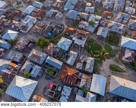 Aerial View On Township Poor Houses Favelas In Paje Village, Zanzibar, Tanzania, Africa