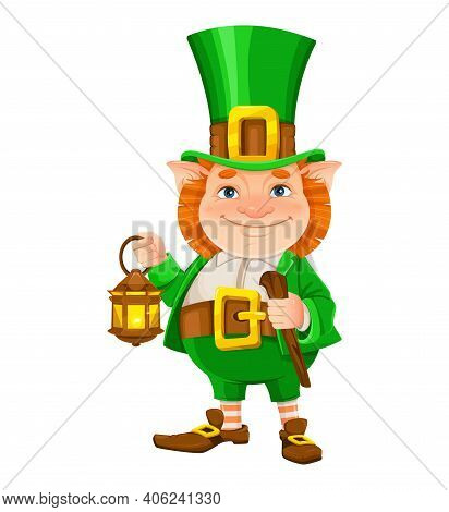 Stock Vector Leprechaun. Happy St Patrick's Day. Cheerful Leprechaun Cartoon Character Holding Lante