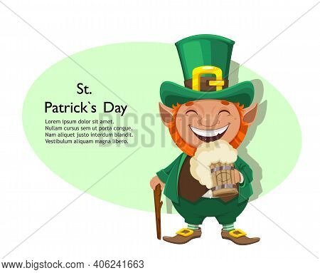 Stock Vector Leprechaun. Happy St Patrick's Day Greeting Card. Cheerful Leprechaun Cartoon Character