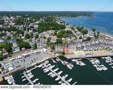 Aerial View Of Beverly Port Marina At Sandy Point In City Of Beverly, Massachusetts Ma, Usa.